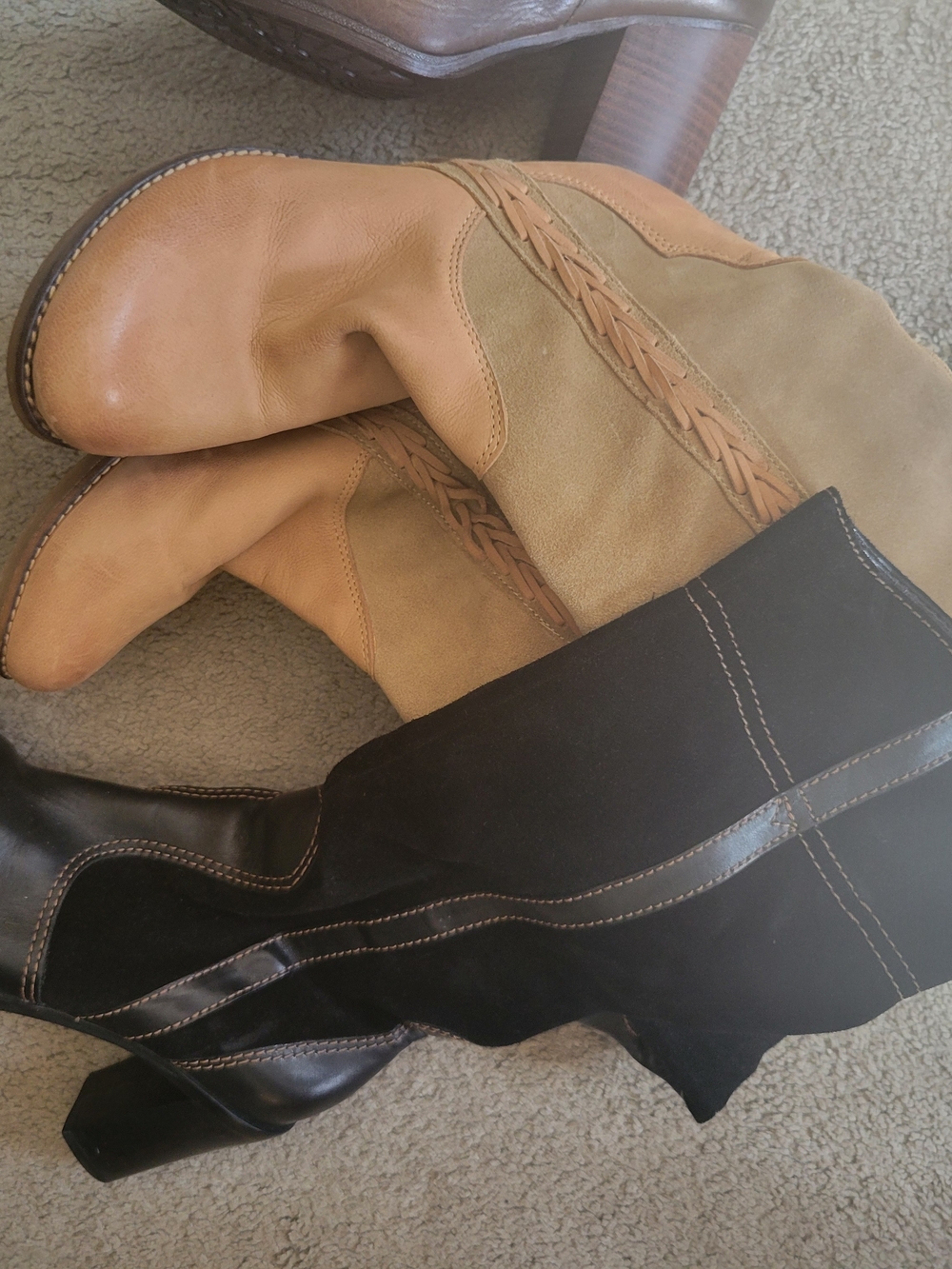Franco Sarto Two-Tone Tan and Black Mid-Calf Heeled Boots
